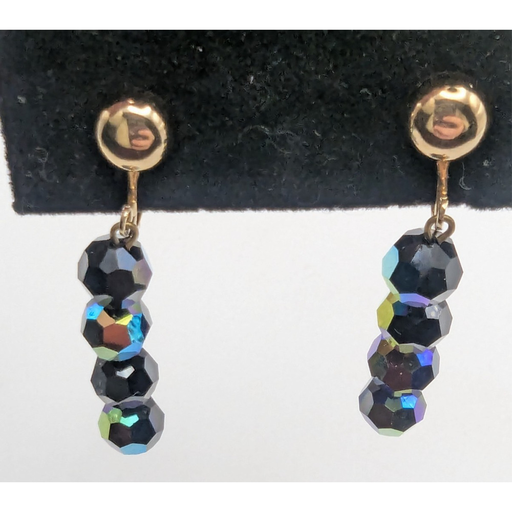 S.A.L. SWAROVSK Gold Tone Black Aurora Borealis Bead Dangle Earrings Vintage 1in